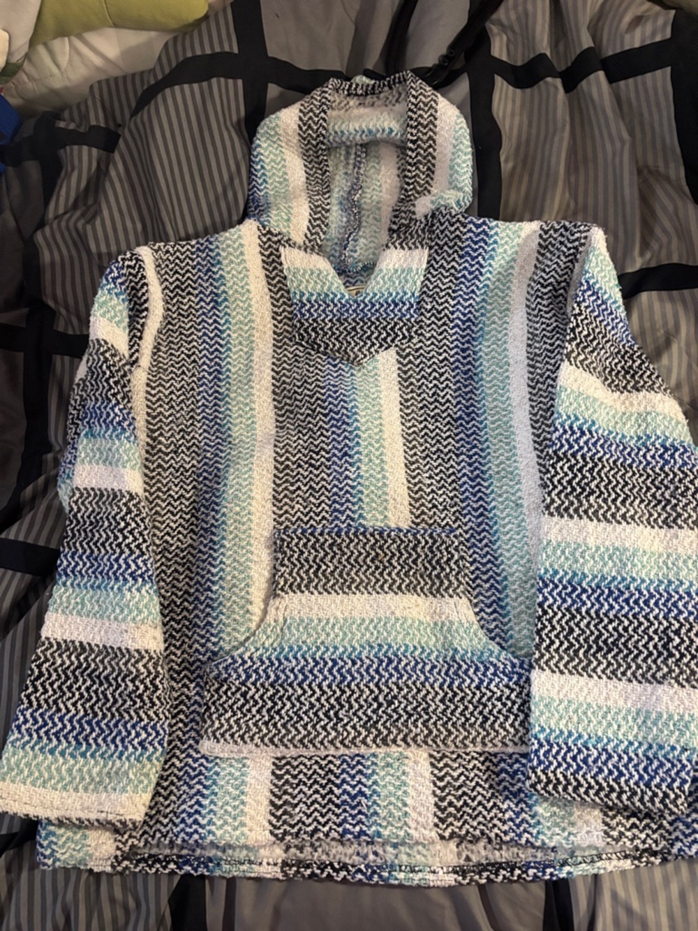 Striped Hooded Baja Sweater in Blue, White & Black